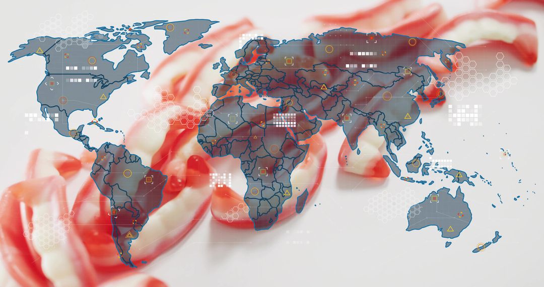 Global confectionery data visualization overlaying world map on twisted red-white candy