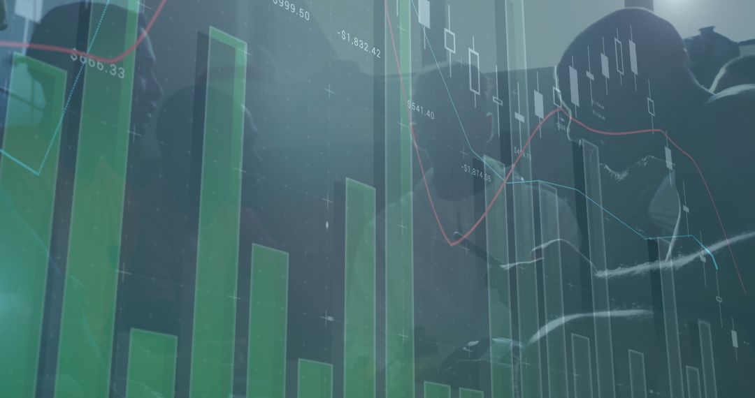 Mining Team Analyzing Tunnel Interior with Financial Data Overlay