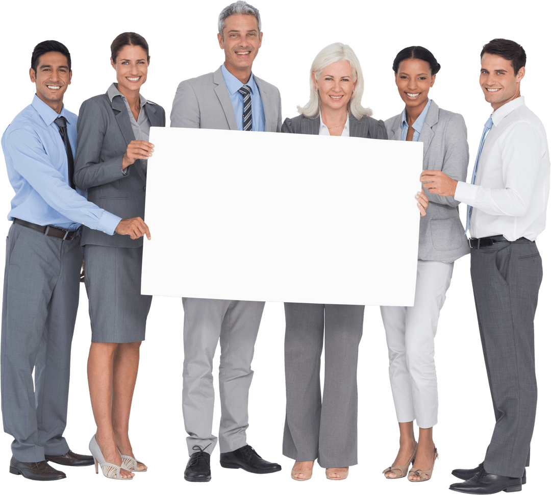 Diverse Professionals Presenting Transparent Blank Billboard Isolated