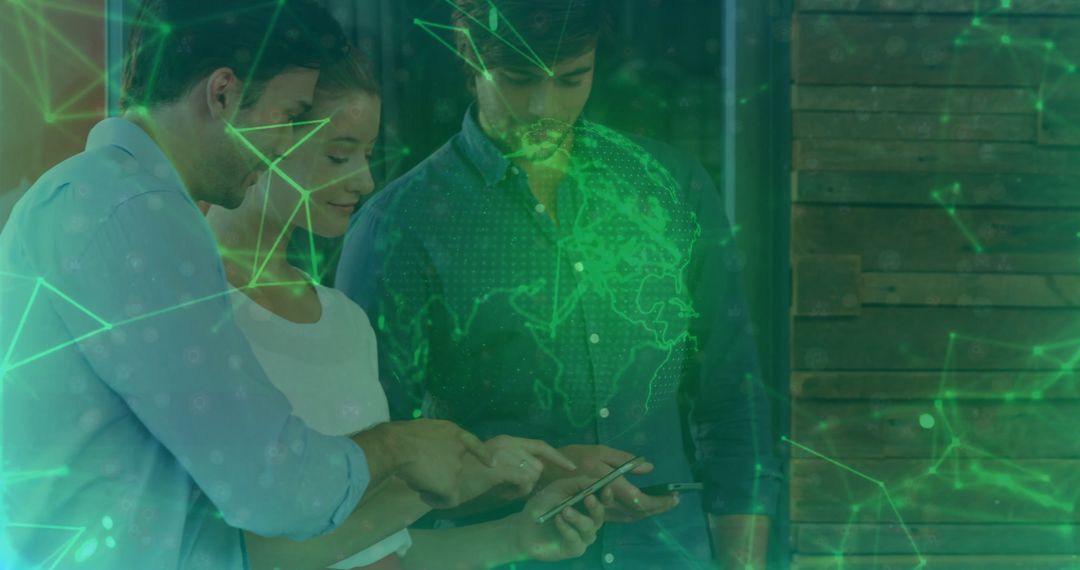 Team Analyzing Data with Digital World Map Projection