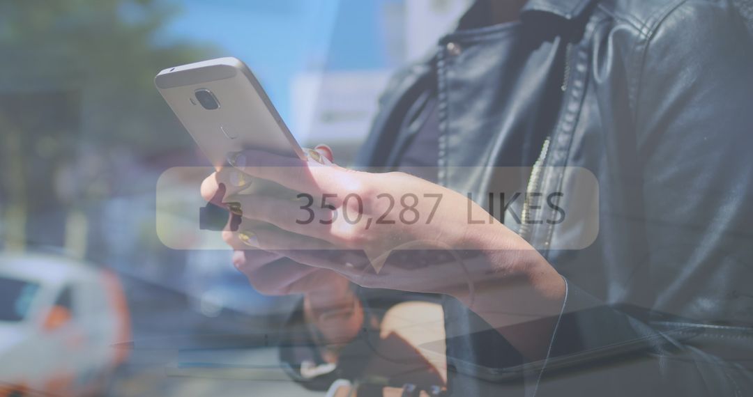 Woman Checking Social Media Likes on Smartphone in Urban Environment