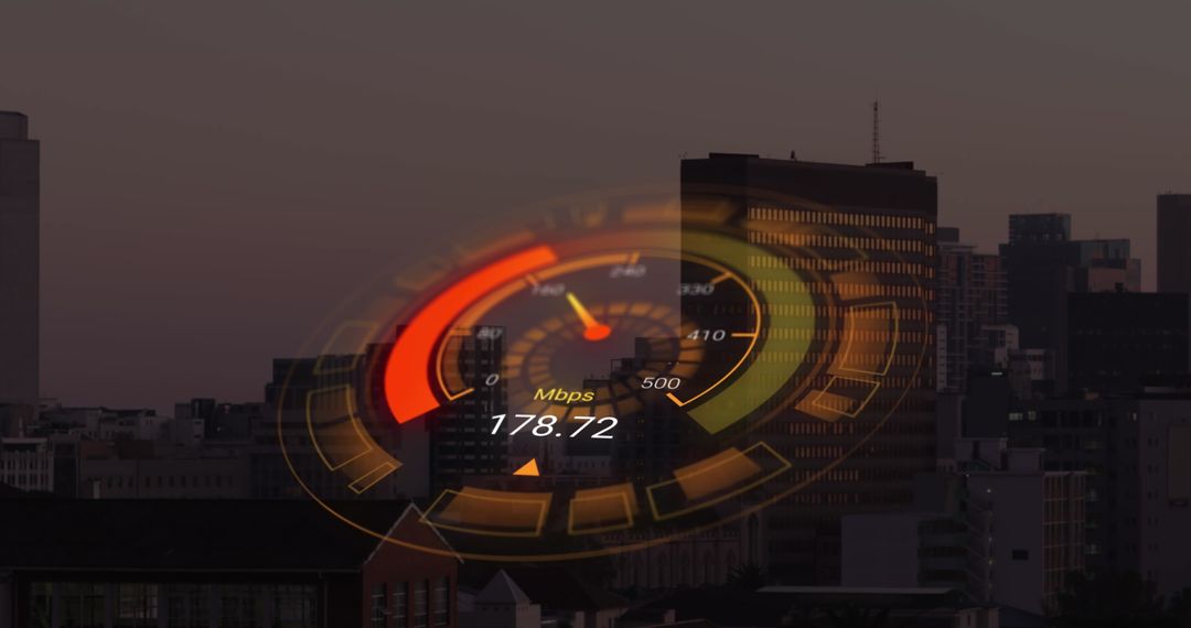 Orange Speedometer Over Cityscape Highlights Internet Speed