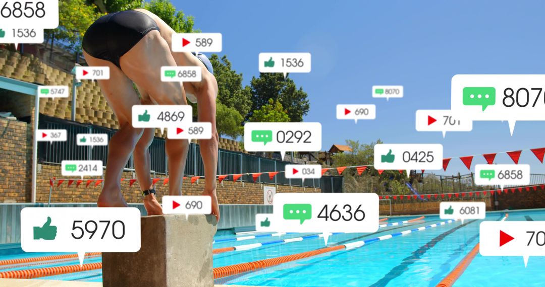Competitive Swimmer Preparing Dive on Starting Block with Social Media Likes Comments Overlays