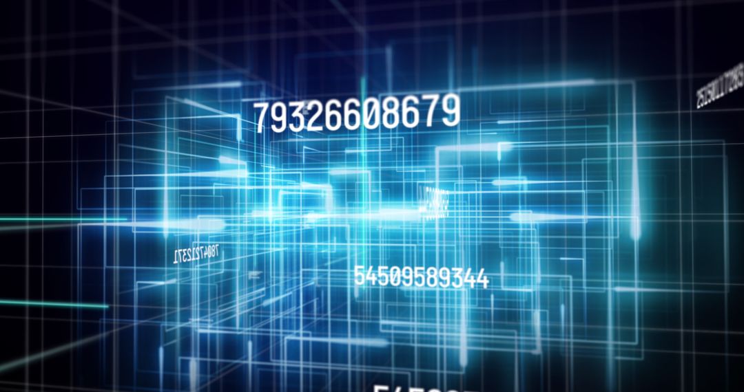 Futuristic Digital Interface with Moving Numbers and Blue Grid