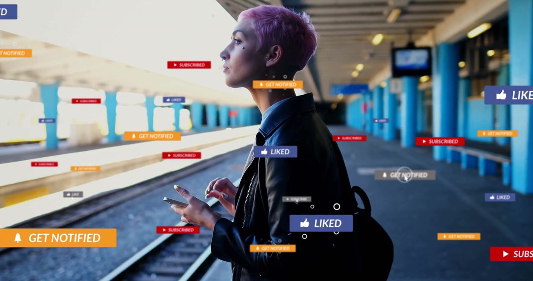 Urban Commuter Staying Connected on Train Platform with Notifications