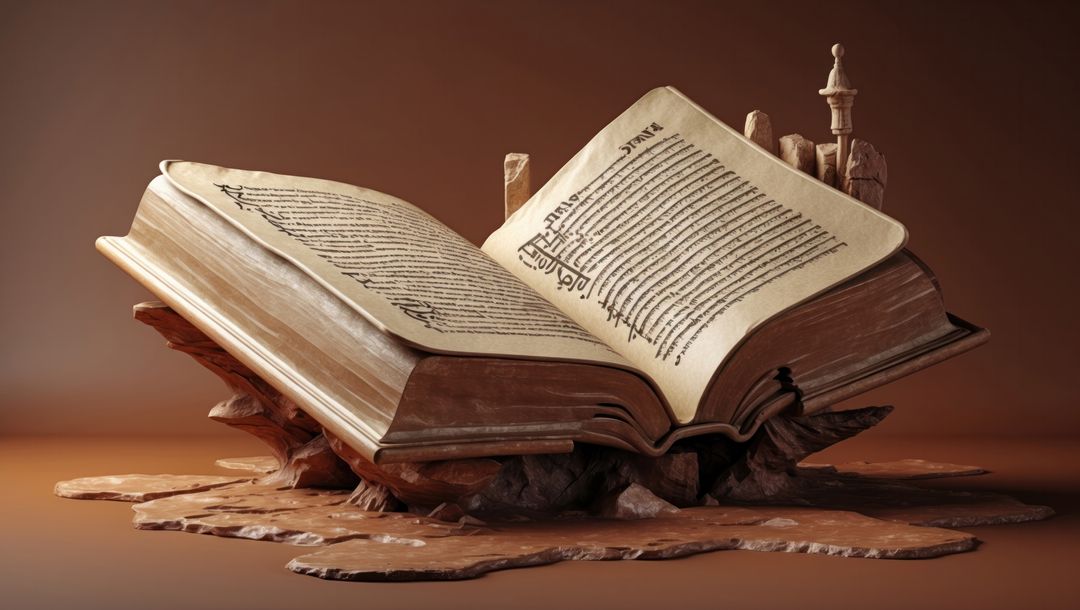 Ancient Open Book Displayed on Ornate Stand in Warm Amber Glow