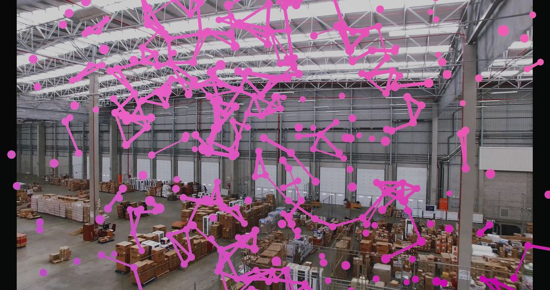 Warehouse with Magenta Network Overlay Depicting Logistics Innovation