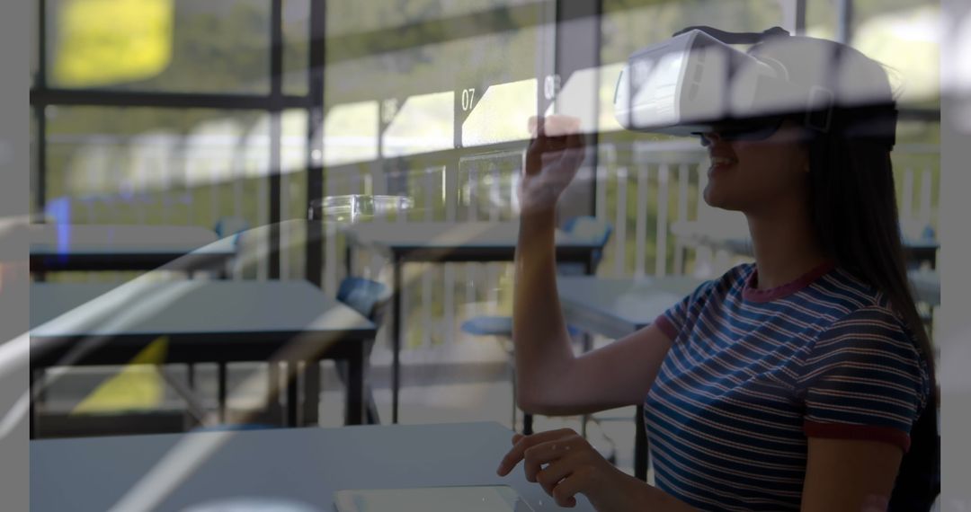 Woman Immersed in Virtual Reality with Server Room Overlay