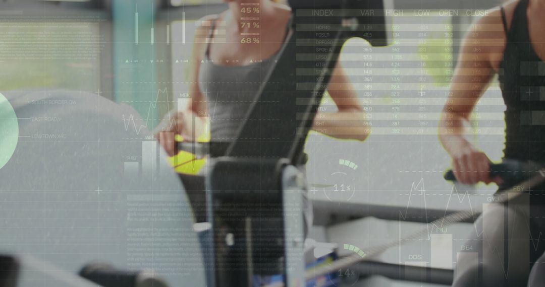 Three Women Engaging in Rowing Exercise with Data Overlay