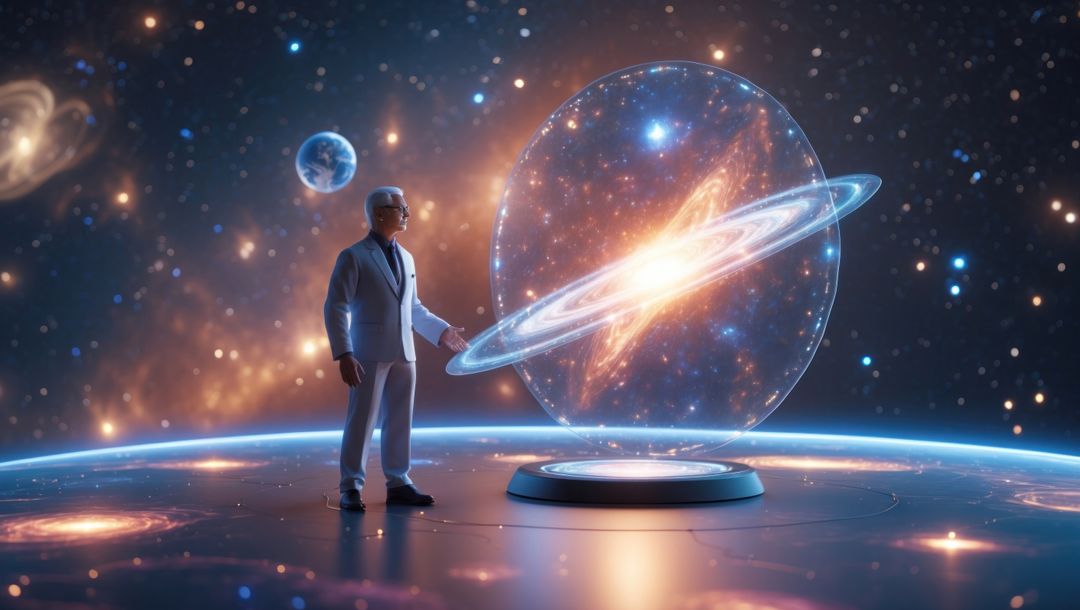 Elder astrophysicist with galaxy hologram on futuristic platform