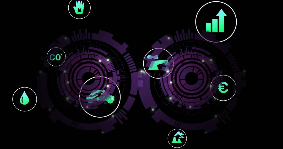 Futuristic HUD Interface with Sustainability Metrics and Digital Icons