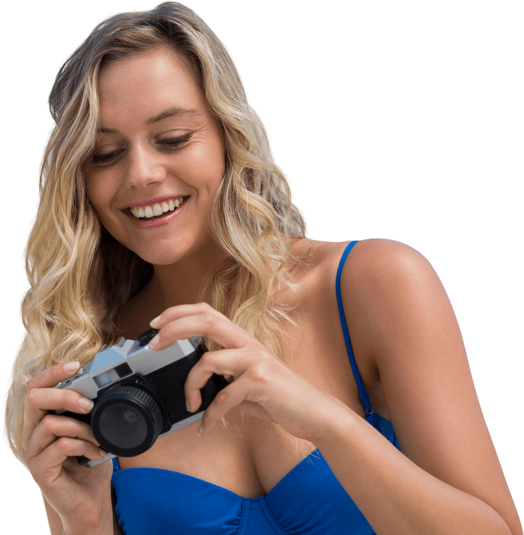 Woman Smiling with Retro Camera Transparent Background