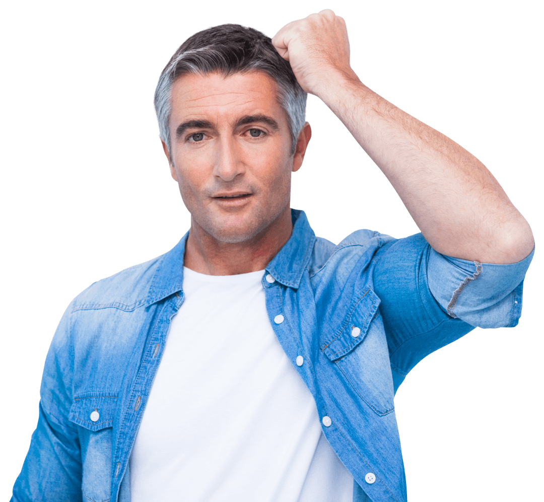 Confident Mature Man Raising Fist, Wearing Jeans Shirt, Isolated on Transparent Background
