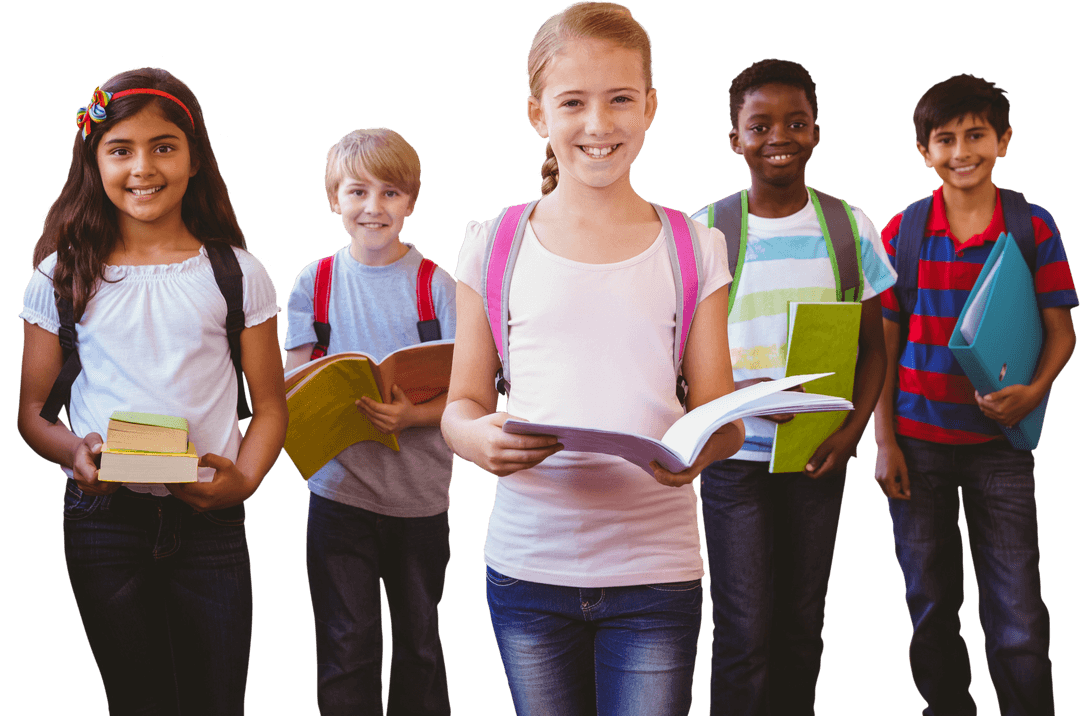 Diverse Children Smiling Holding Books in Transparent Background