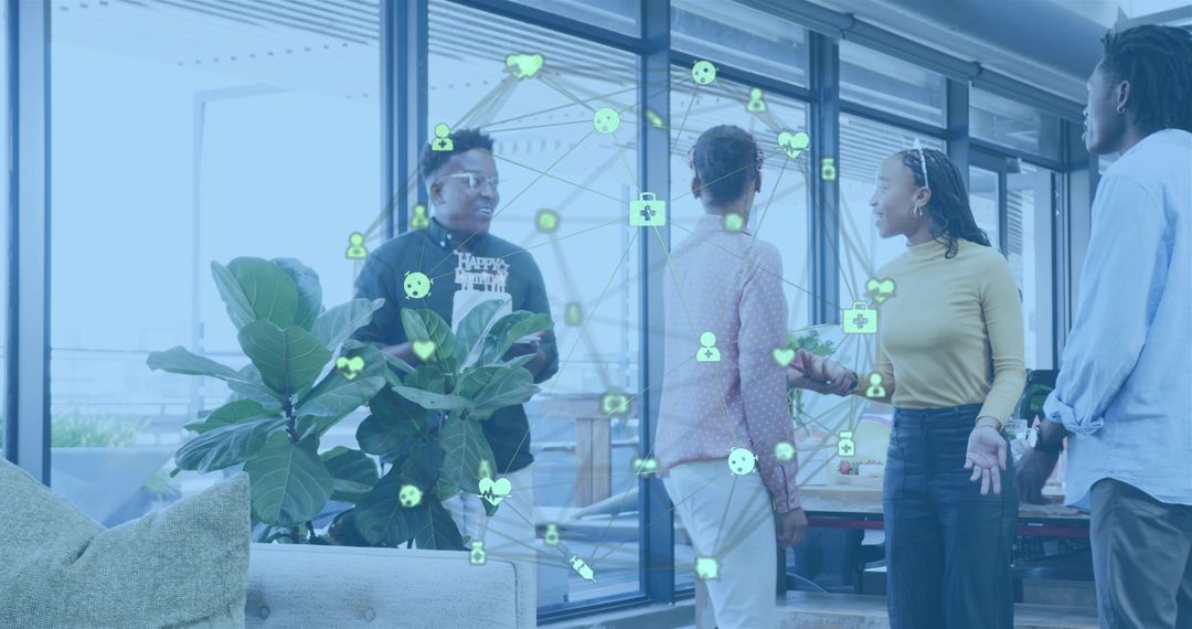 Diverse team collaborating in modern office lounge with digital network overlay