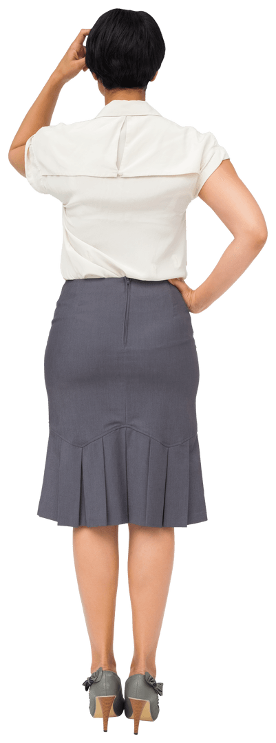 Transparent Businesswoman Scratching Head Back View in Professional Attire