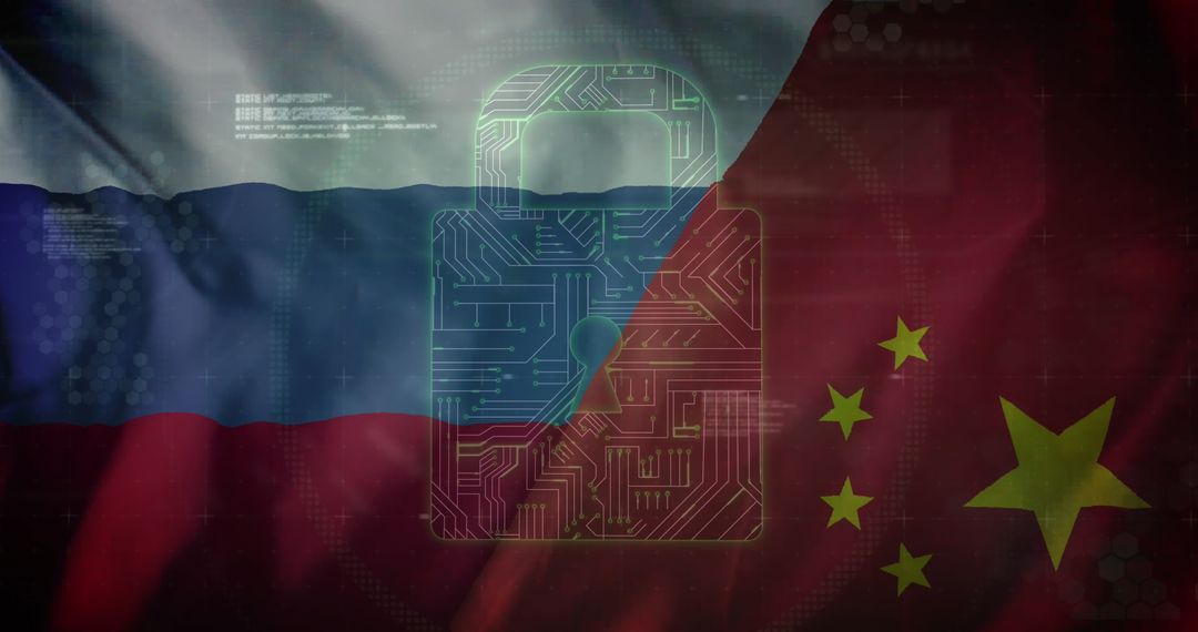 Cybersecurity Concept: Digital Overlay of Russia and China Flags
