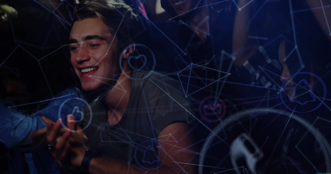Young Man Enjoying Concert with Digital Overlay and Social Media Graphics