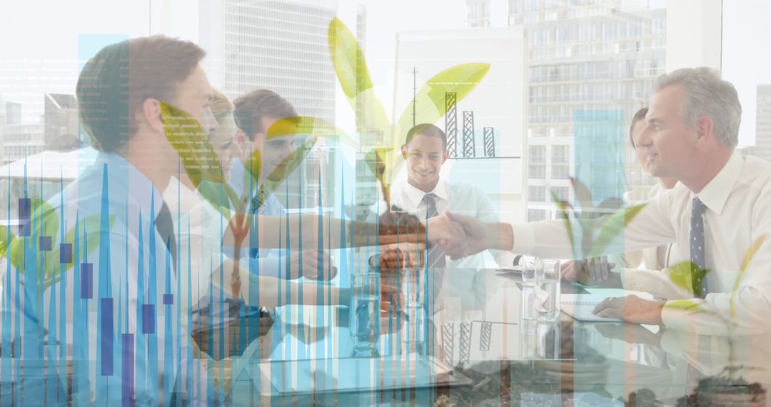 Business Growth Concept with Shaking Hands and Statistical Data Overlay