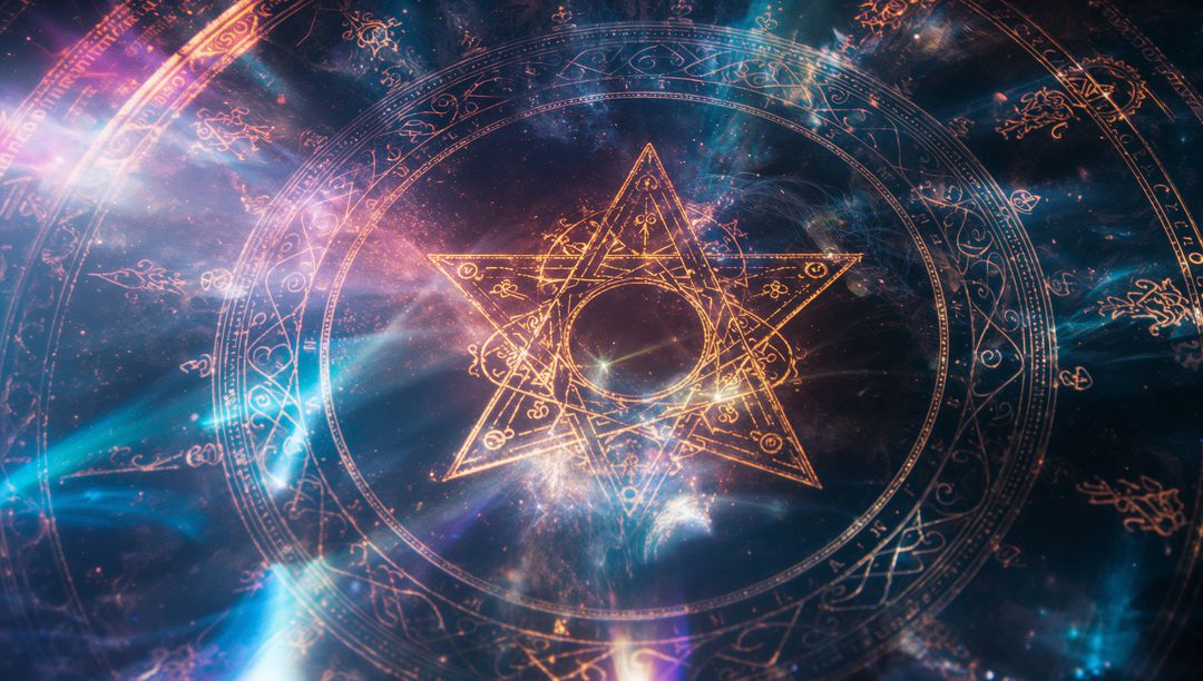Golden Hexagram with Celestial Aura and Mystical Symbols