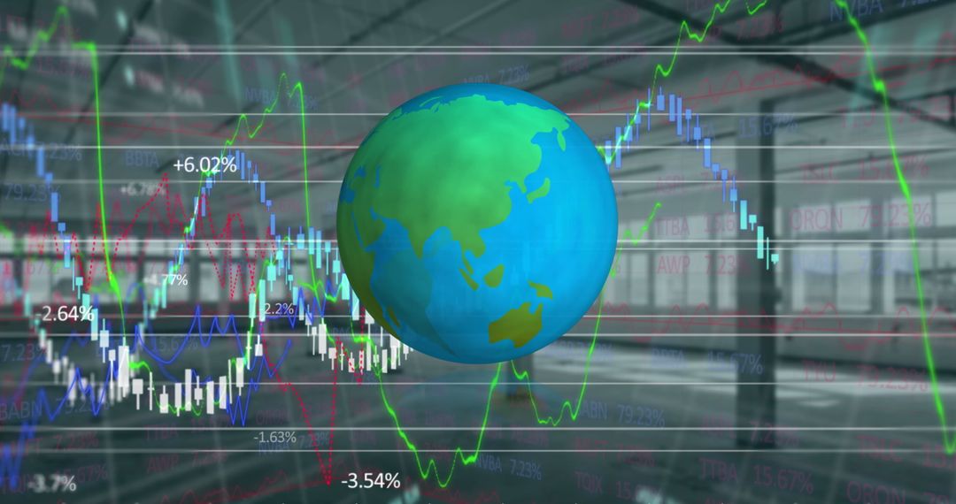 Rotating Globe Over Financial Graphs Symbolizing Global Economy Trends