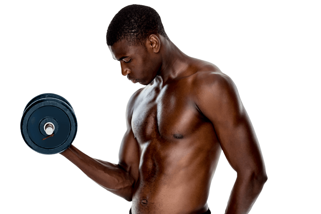 Fit Muscular Man Lifting Dumbbell on Transparent Background