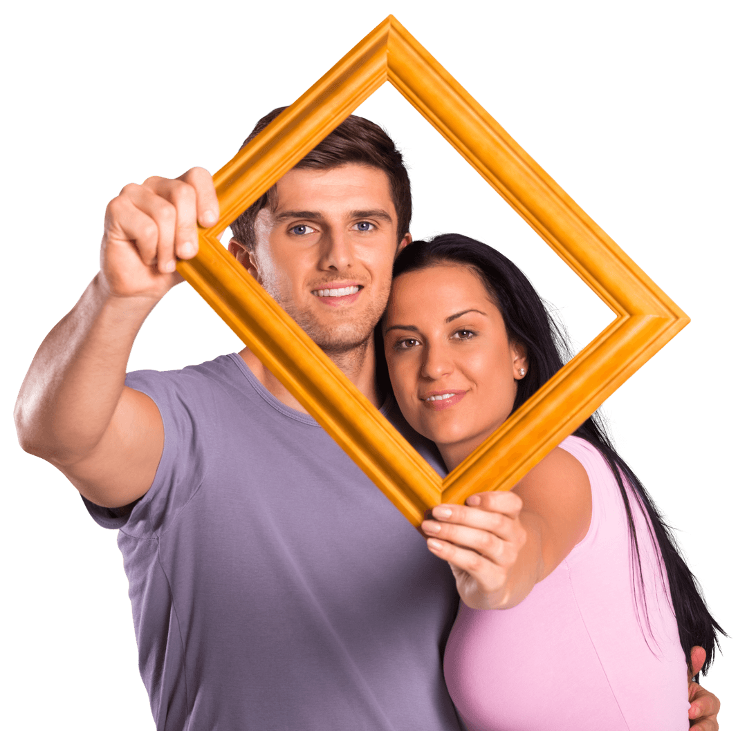 Happy Couple Holding Empty Frame for Creative Portrait