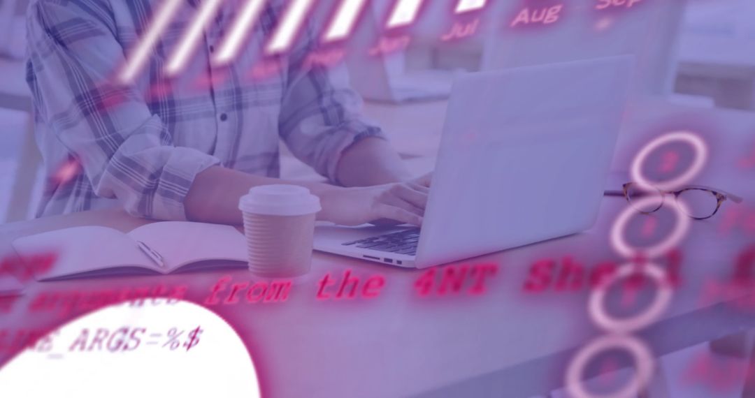 Businesswoman Analyzing Data on Laptop with Financial Graphics Overlay