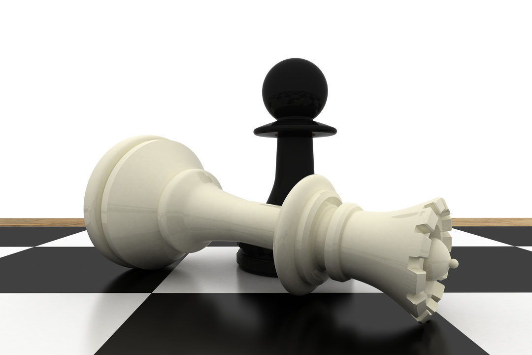 Transparent battle won: black pawn standing over fallen white queen on chessboard - Download Free Stock Images Pikwizard.com