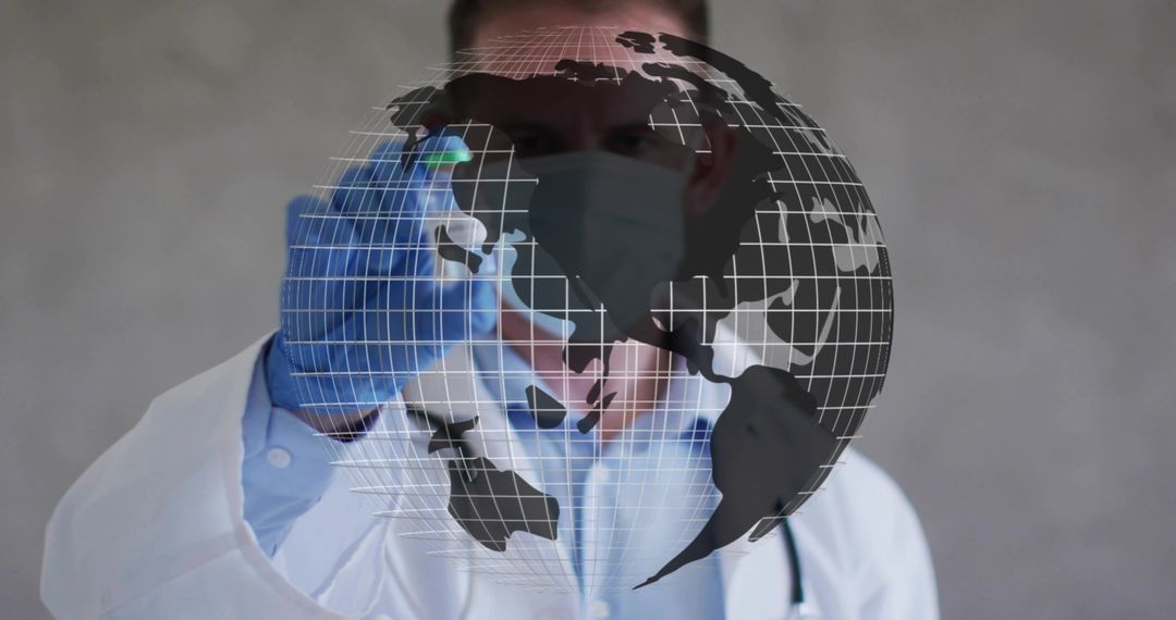 Physician Interacting with Holographic Globe and Data Visualization for Global Health Tech