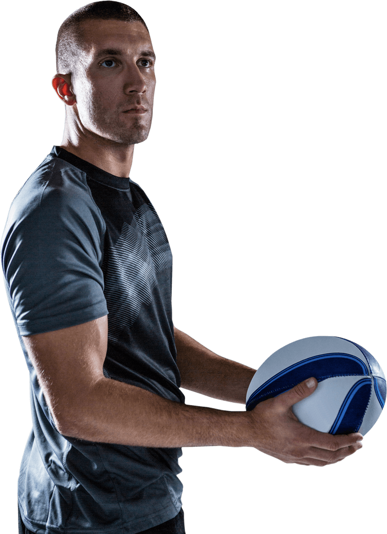 Transparent Rugby Player Focused Holding Ball