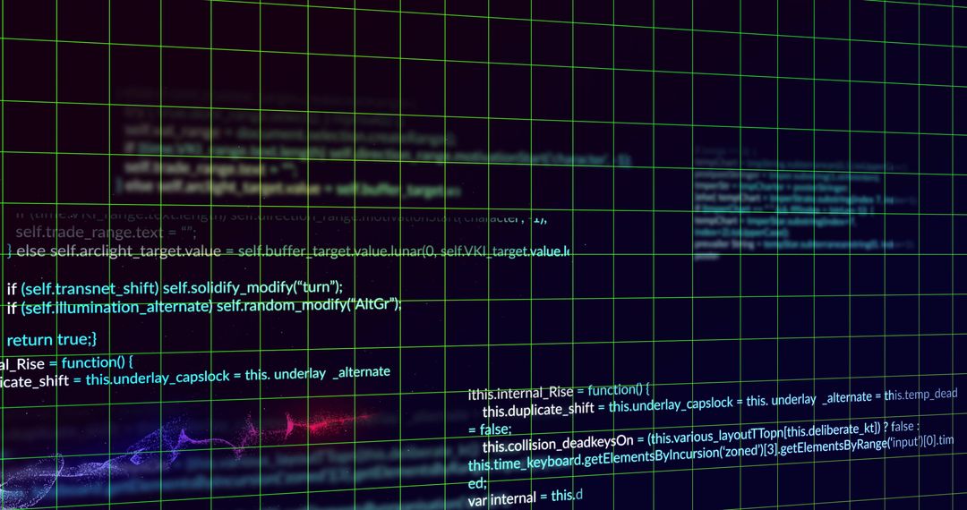 Glowing Code Editor Under Neon Green Grid Overlay with Syntax Highlighting and Waveform