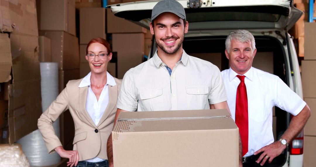 Delivery Team Smiling and Holding Package in Warehouse - Free Images, Stock Photos and Pictures on Pikwizard.com