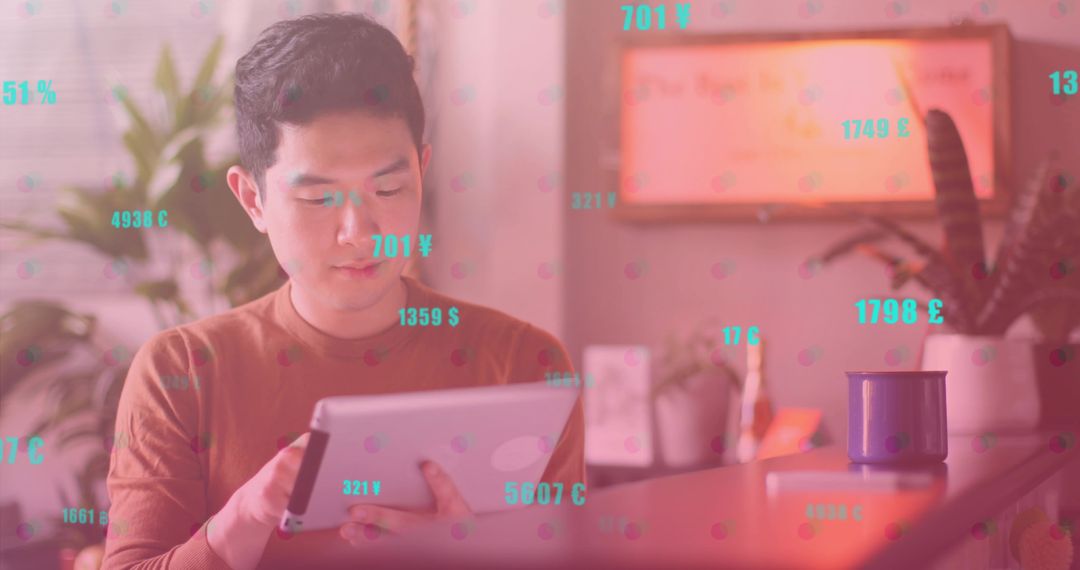 Man Engaging with Digital Currency Symbols in Modern Home Office