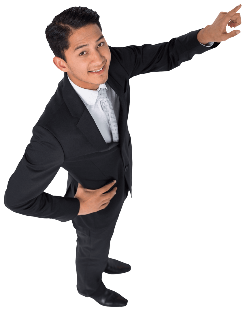 Transparent Man Pointing in Business Suit with Confident Gesture
