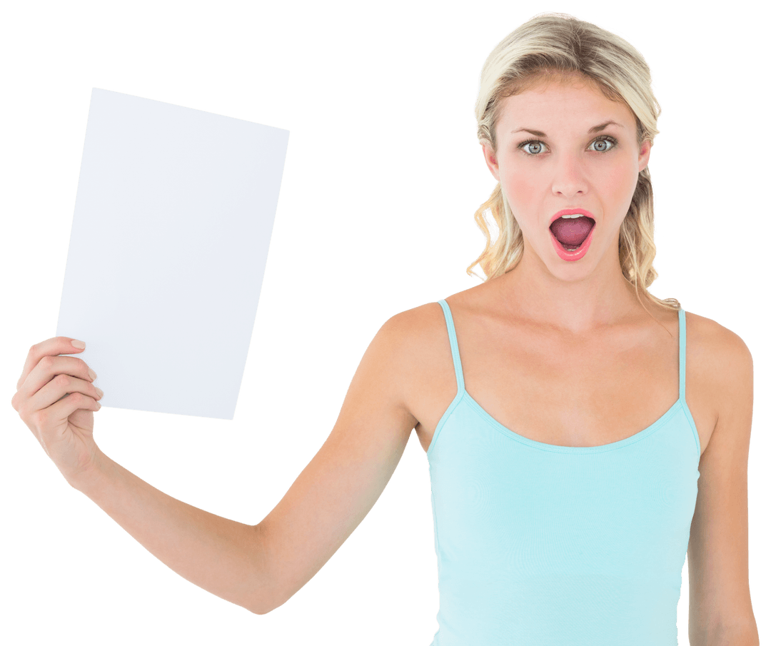 Blonde Woman Holding Blank Paper Sheet with Surprise Expression Transparent