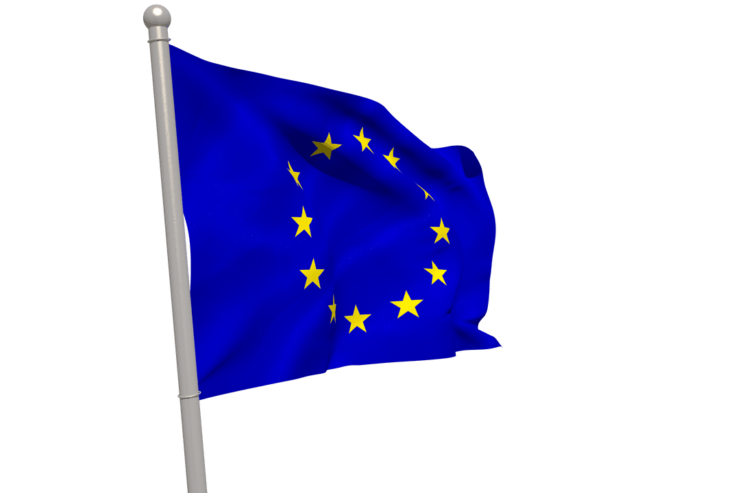 European Union Flag on Pole Isolated on Transparent Background