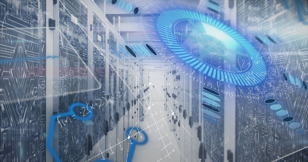 Futuristic Data Center with Digital Technology Overlay