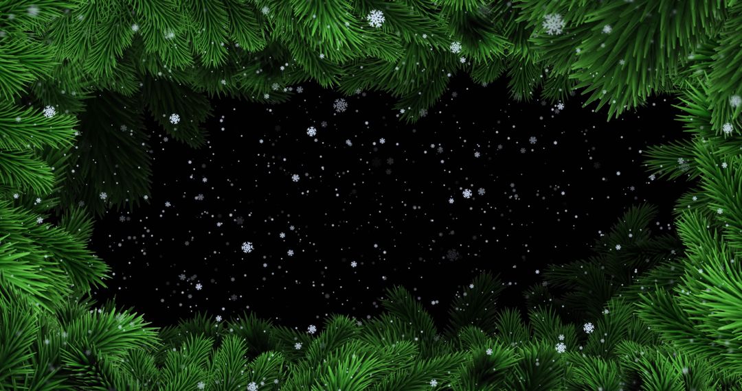 Green Pine Branches Wreath with Falling Snowflakes