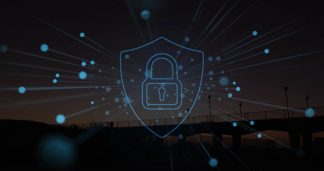 Glowing Padlock on Shield with Network Nodes over Silhouetted Pier