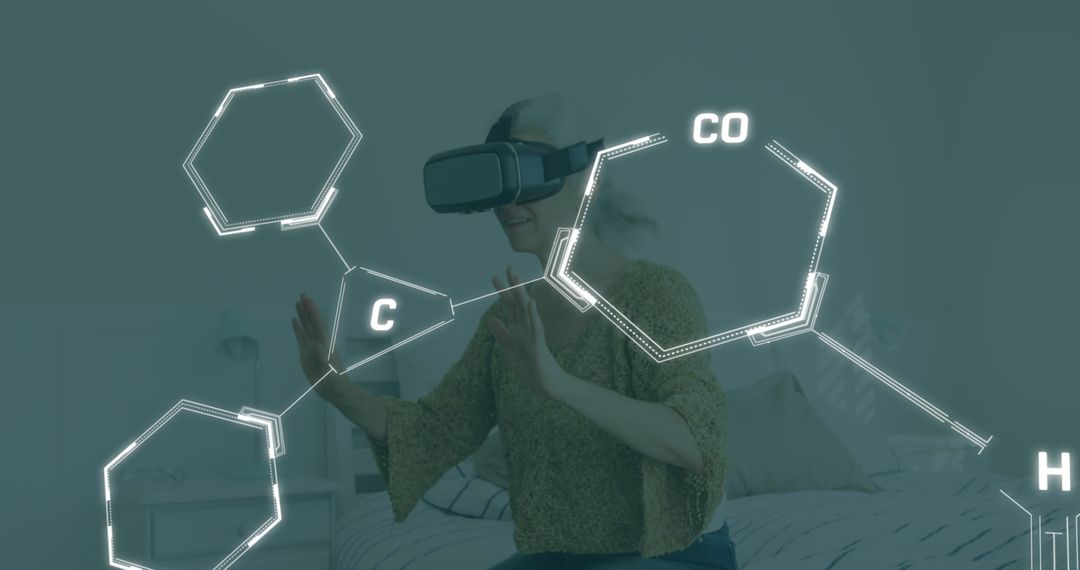 Senior Woman Connecting with Virtual Interface in Modern Bedroom