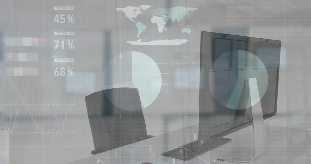 Futuristic Business Analytics Interface Overlaying Empty Office Desk