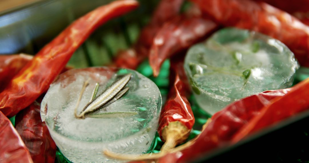 Close-up of Ice Cubes with Herbs and Red Chili Peppers - Free Images, Stock Photos and Pictures on Pikwizard.com