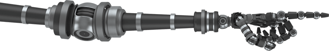 Metallic Robotic Arm with Pincer Detail Pointing Transparent Background