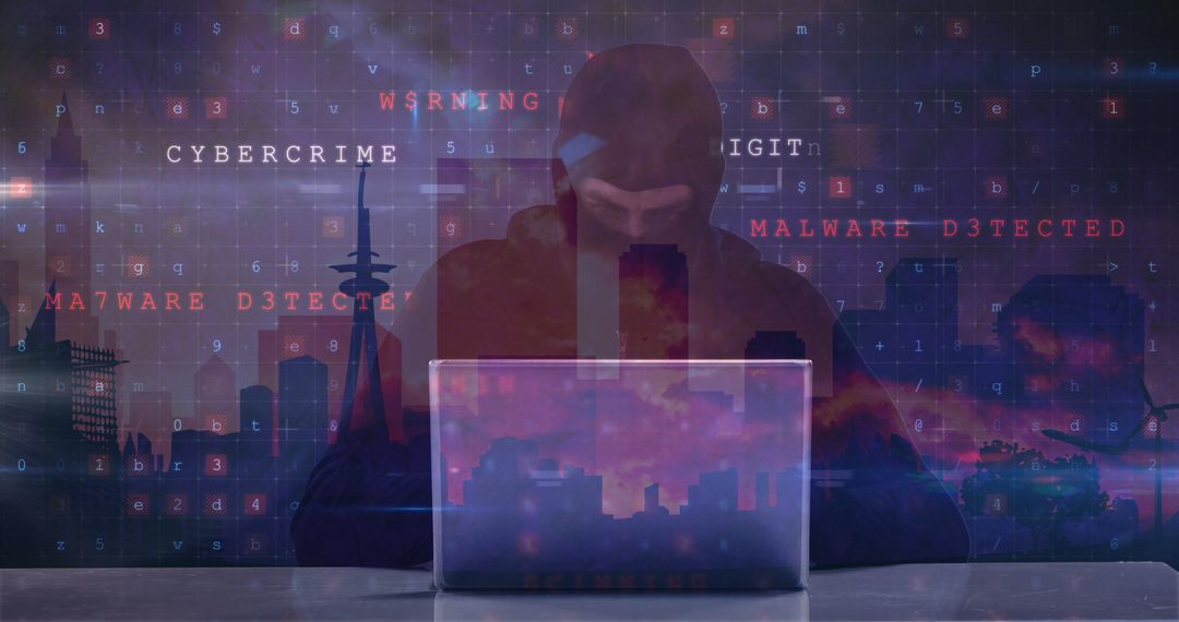 Hacker Silhouette Over Digital Cityscape with Cyber Warnings