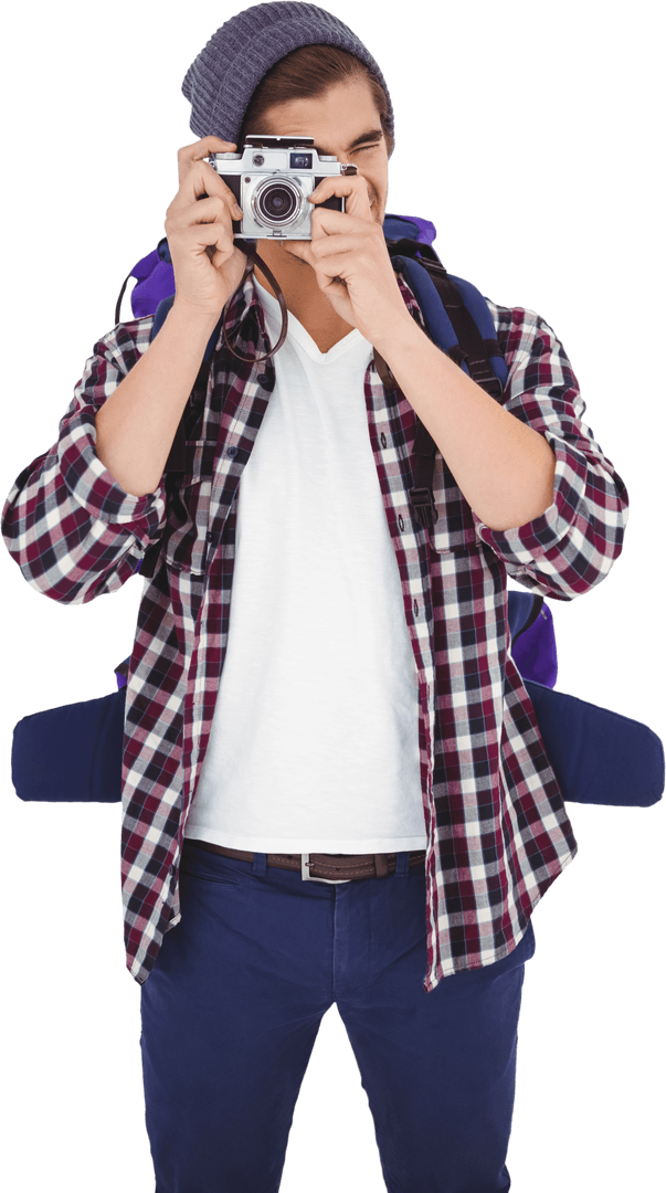 Young Man Capturing Moment with Retro Camera Transparent Background