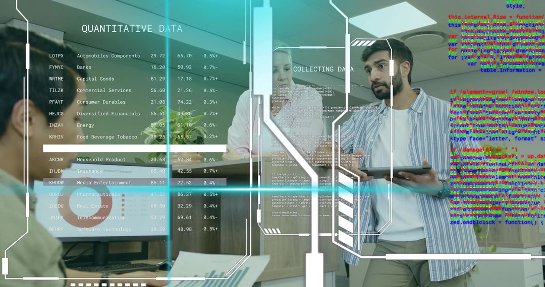 Team Analyzing Data in High-Tech Conference Room with Digital Interface
