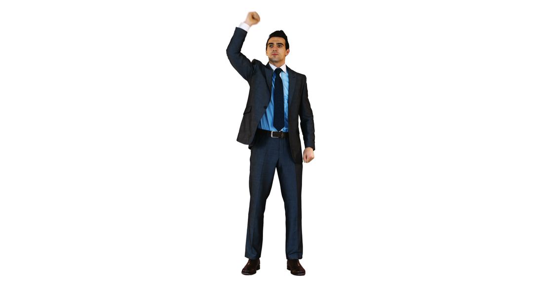 Confident Businessman Raising Arm in Victory on White Background - Free Images, Stock Photos and Pictures on Pikwizard.com