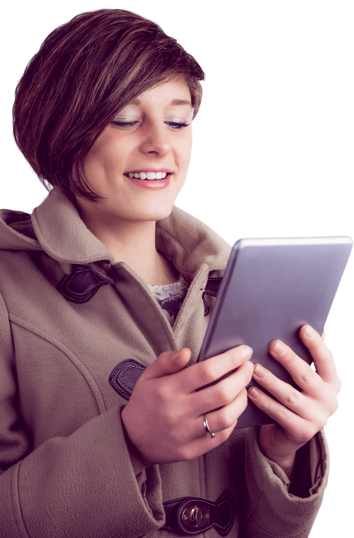 Happy Woman in Winter Coat with Tablet Transparent Background
