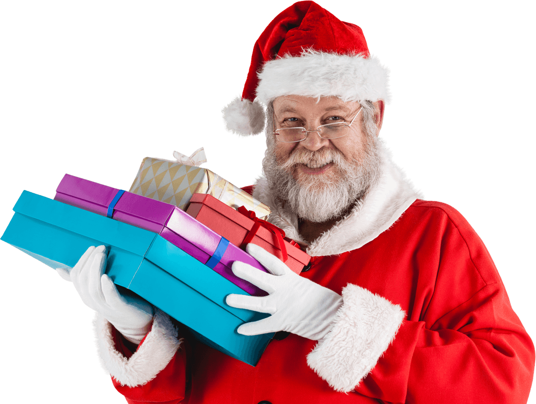 Transparent Santa Claus with Christmas Presents Smiling Cheerfully